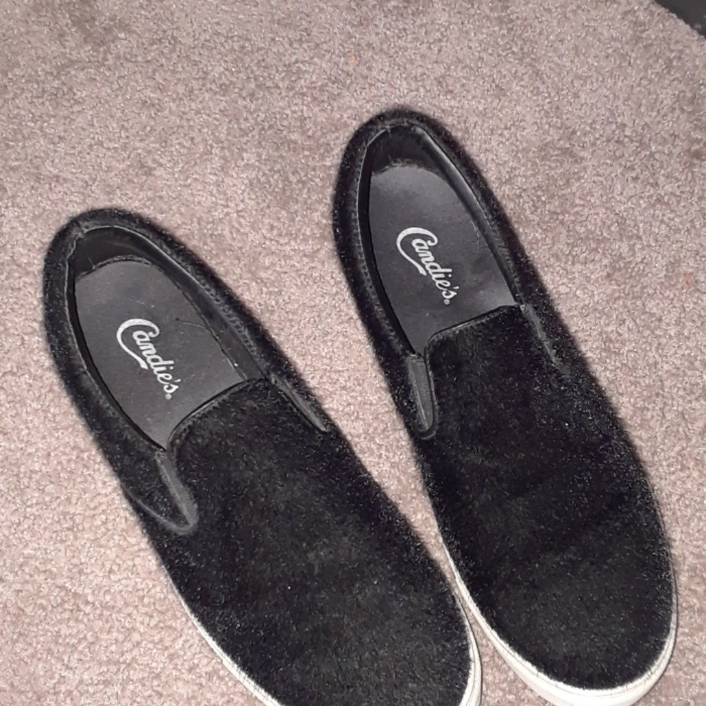 Candies Black Faux Fur Slip-on Sneakers